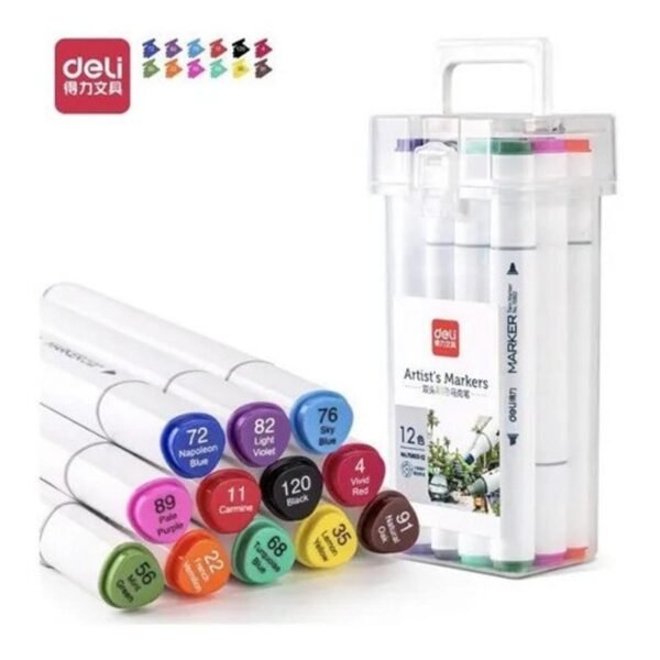 Deli-E70803-12-Dual-Tip-Sketch-Markers-12-Color-Set