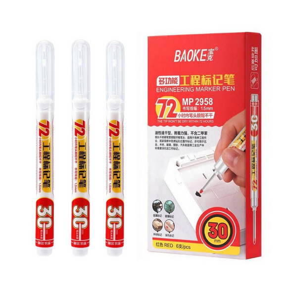 1 PCS BAOKE 2958 Long head Enginiaring Marker pen Long Nib Head Markers for Metal Perforating Pen, Waterproof, Bathroom, Woodworking Decoration, Multi-Purpose - Red