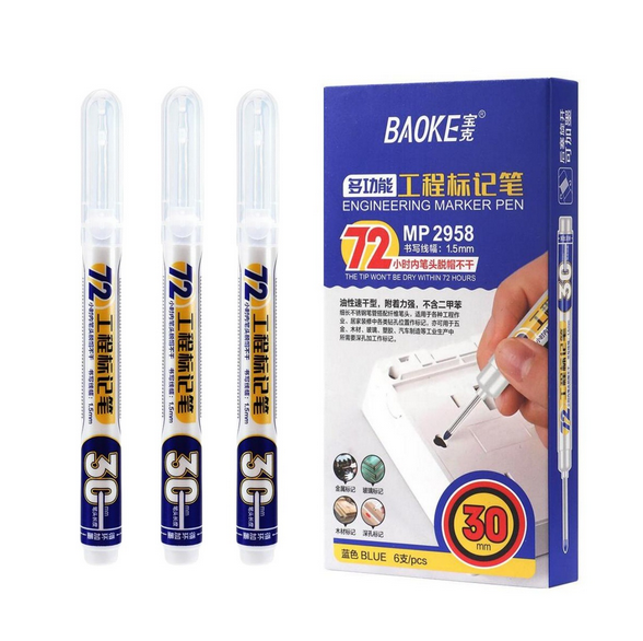 1 PCS BAOKE 2958 Long head Enginiaring Marker pen Long Nib Head Markers for Metal Perforating Pen, Waterproof, Bathroom, Woodworking Decoration, Multi-Purpose - Blue