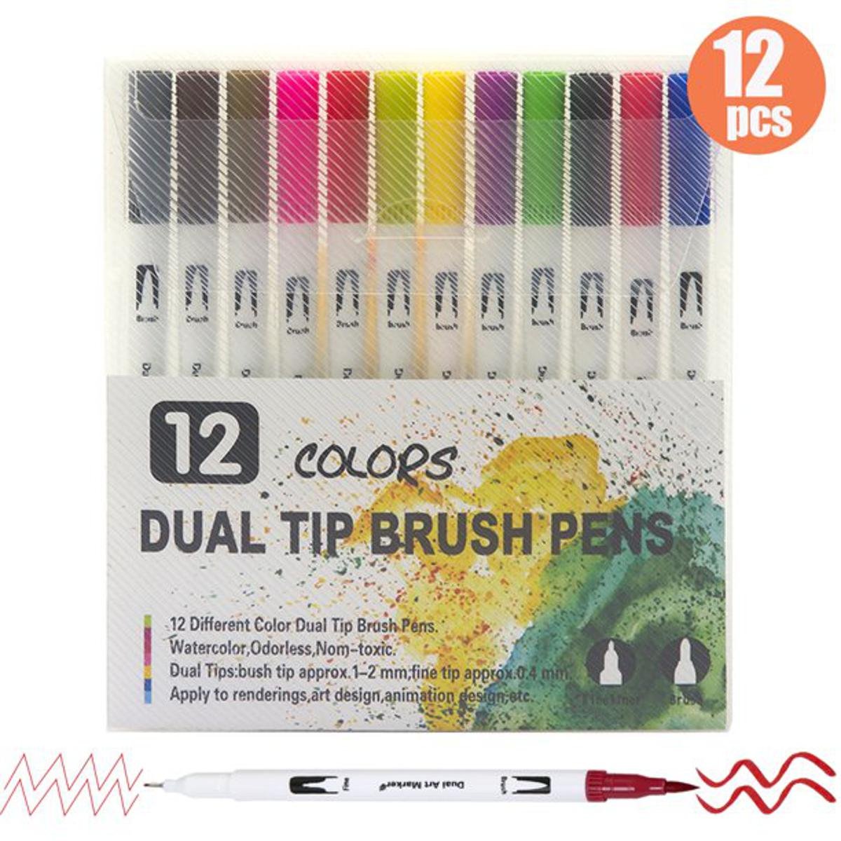 12 Pcs Dual Tip Brush Pens Art Markers Set Flexible Brush & 0.4mm Fine liner 12 Pcs Dual Tip Brush Pens Art Markers Set Flexible Brush & 0.4mm Fine liner