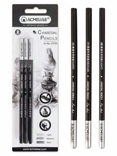 ACMELIAE Professional Charcoal Ceremony Set of 3 Pieces Soft Medium and Hard Charcooal Black Drawing Pencil for Illustration, Shading, Blending, Sketching