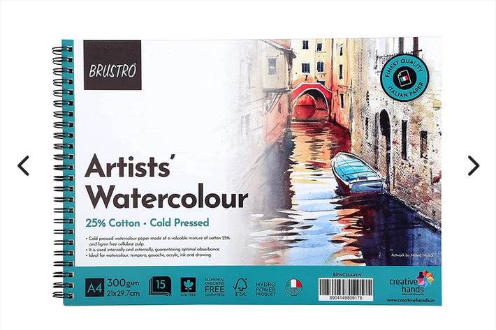 BRUSTRO Artist Watercolour Pad 25% Cotton 300 GSM A4 Wiro - 15 Sheets