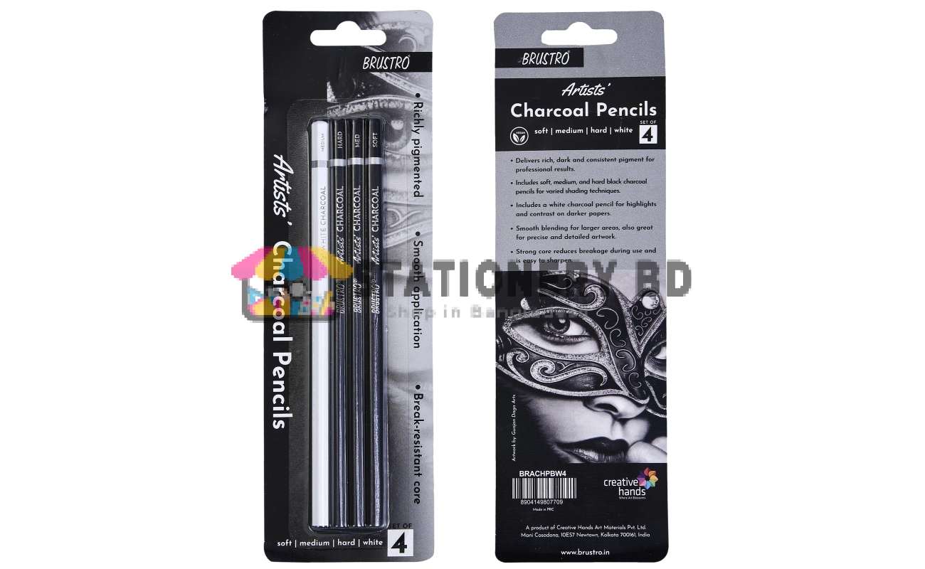BRUSTRO Artists Charcoal Pencil - Set of 4 (3 Black Shade - Soft, Medium, Hard and 1 White - Medium) | Ideal for Drawing, Shading, Coloring, Sketching, Artwork, Portrait,...