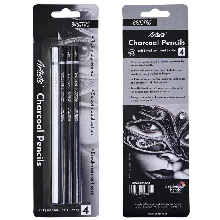 BRUSTRO Artists Charcoal Pencil - Set of 4 (3 Black Shade - Soft, Medium, Hard and 1 White - Medium) | Ideal for Drawing, Shading, Coloring, Sketching, Artwork, Portrait,...