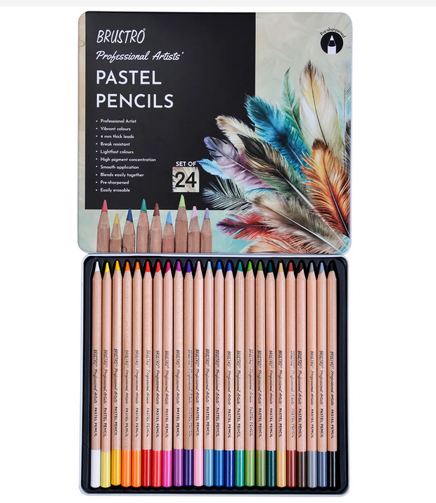 BRUSTRO Artists Pastel Colored Pencils - Set of 24 Shades - 4mm Lead | Break Resistant, Erasable, High Pigmented, Vibrant Colours | Ideal for Drawing, Mandala, Shading,...
