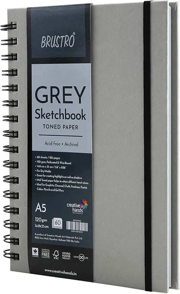 BRUSTRO Toned Paper - Grey Sketchbook | A5, 120 GSM | 60 Sheets/120 Pages |Wiro Bound, Spiral, Drawing, Sketching, Acid-free Paper, Dry media, Mandala Art, Graphite, Charcoal,...