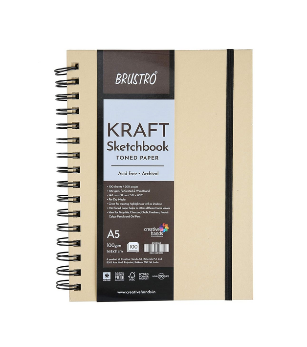 BRUSTRO Toned Paper - Kraft Sketchbook | A5, 100 GSM | 100 Sheets/200 Pages |Wiro Bound, Spiral, Premium,Acid-free Paper, Ideal for Dry media, Mandala Art, Graphite, Charcoal,...