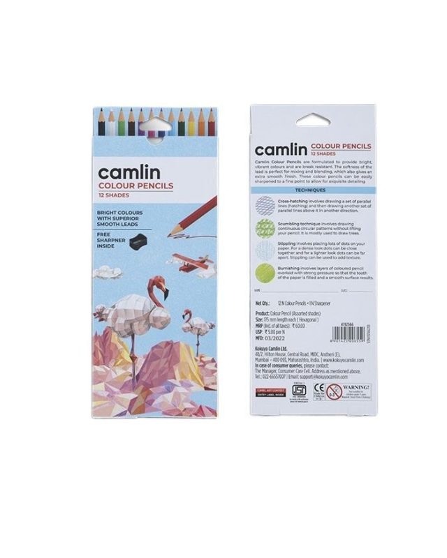 Camlin Colour Pencils 12 shades with Sharpener, Full size Assorted pack