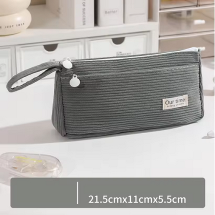 Casual Corduroy Pencil Case, Cute and Good-Looking Pure Color Pencil Case for Junior High School Students - Gray
