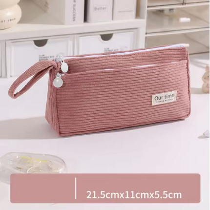 Casual Corduroy Pencil Case, Cute and Good-Looking Pure Color Pencil Case for Junior High School Students - Pink