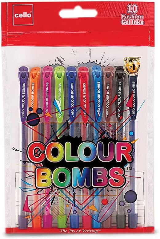 Cello Colour Bombs Coloured Ink Gel Pens | Pack of 10 | 10 Vivid Ink Colours | Coloured Gel Pens | Gel Pen for Students| Ideal for Art, Project work, Journal Work, Presentations