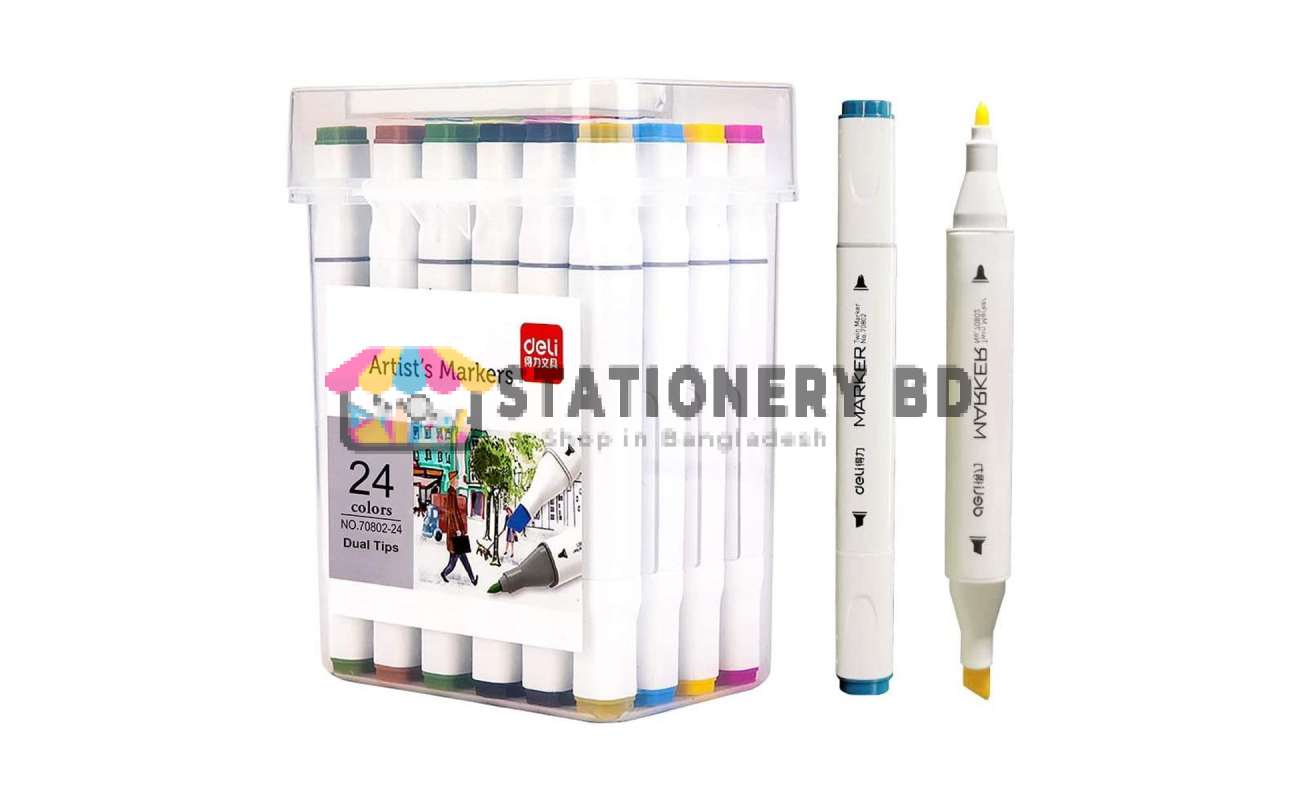 Deli E70803-24 Sketch marker Dual Tip Art Marker, Brush and Chisel, Sketch Marker for Painting Sketching Calligraphy Drawing, Colouring Marker Pens for Sketching 24 Colours