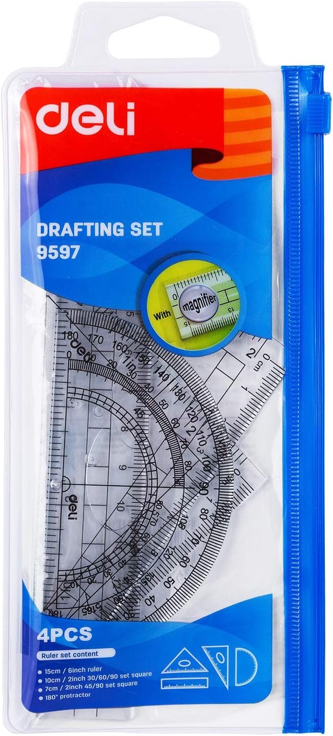 DELI E9597 Deli 4 Pieces Math Geometry Tool Plastic Clear Ruler Sets, Includes Straight Ruler, Triangle Ruler, Protractor