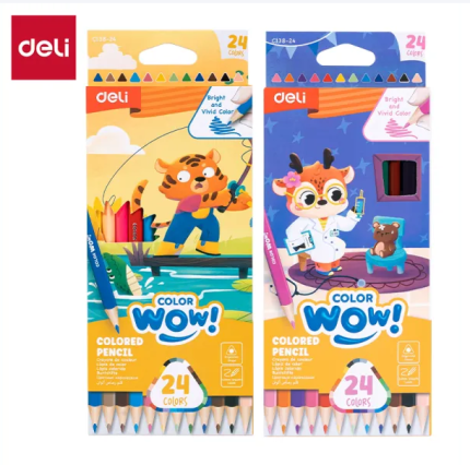 DELI EC138-24 Color Pencil Bright and vivid colors. Triangular ergonomic barrel, easy to sharpen. 3.0mm lead for smooth coloring performance. High quality soften wood.
