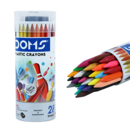 Doms 28 Shades Erasable Plastic Crayons Round Tin Box | Smooth & Even Shading | Bright & Playful Colors | Free Eraser Inside | Non-Toxic & Safe For Childrens | Pack of 1