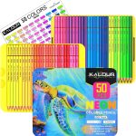 KALOUR 50 Neon Colored Pencils for Adult Coloring Books, Fluorescent colored Professional Drawing pencils Set Art Supplies Kit for Adults Beginners Artists, Soft Core