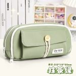 Large Capacity Three Layer Pencil Case Cute Canvas Pen Pouch Bag Cosmetic Bag Portable Storage Bag for Teen Students Office School Supplies - Green