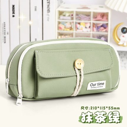 Large Capacity Three Layer Pencil Case Cute Canvas Pen Pouch Bag Cosmetic Bag Portable Storage Bag for Teen Students Office School Supplies - Green