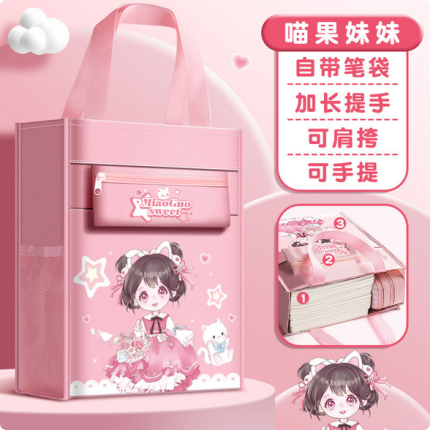 School Students Handheld File Bag Cartoon Tutor Bag Carrying Book Bag Cartoon Tutor Bag Large Capacity Book Storage Bag - Pink