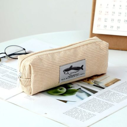 Simple Ins Shark Embroidered Pencil Case Cute High-value Student Stationery Storage Bag - Beige