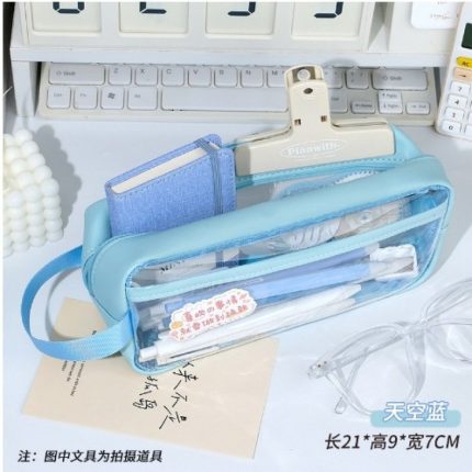 Transparent Large Capacity Visible Zipper Pencil Case Simple Ins Junior High School Students Stationery Case Solid Color Pencil Case for Men and Women - Blue