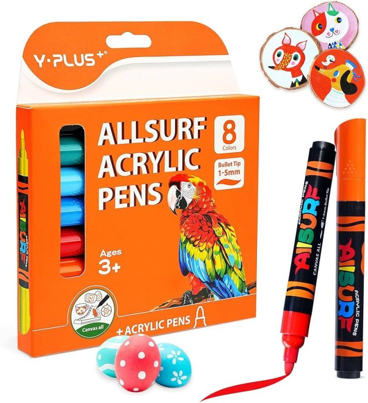 YPLUS Acrylic Paint Pens for Kids, Permanent Fabric Markers Waterproof, Acrylic Markers Painting for Rock Clothes Wood and More - 8 Colours
