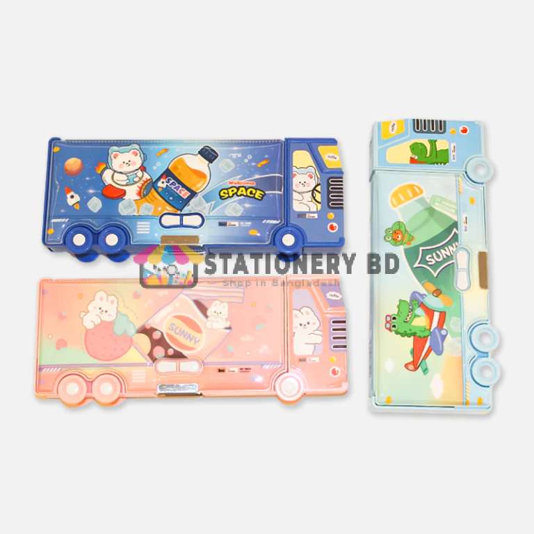 Double Compartment Bus Pencil Box With Moving Tyres, Button Enabled Storages and Sharpner 3524-29